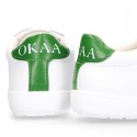 Washable Nappa leather Fashion OKAA kids School tennis shoes with laces.