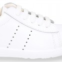 Washable Nappa leather Fashion OKAA kids School tennis shoes with laces.