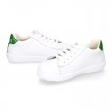 Washable Nappa leather Fashion OKAA kids School tennis shoes with laces.