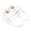 Washable leather OKAA Little kids School tennis shoes laceless, stripes design and reinforced toe cap.