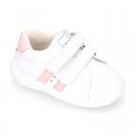 Washable leather OKAA Little kids School tennis shoes laceless, stripes design and reinforced toe cap.