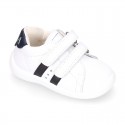 Washable leather OKAA Little kids School tennis shoes laceless, stripes design and reinforced toe cap.