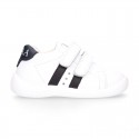 Washable leather OKAA Little kids School tennis shoes laceless, stripes design and reinforced toe cap.