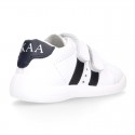 Washable leather OKAA Little kids School tennis shoes laceless, stripes design and reinforced toe cap.