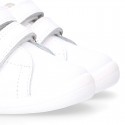 Washable leather OKAA Little kids School tennis shoes laceless, stripes design and reinforced toe cap.