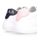 Washable leather OKAA Little kids School tennis shoes laceless, stripes design and reinforced toe cap.