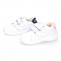 Washable leather OKAA Little kids School tennis shoes laceless, stripes design and reinforced toe cap.