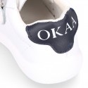 Washable leather OKAA Little kids School tennis shoes laceless, stripes design and reinforced toe cap.