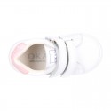 Washable leather OKAA Little kids School tennis shoes laceless, stripes design and reinforced toe cap.