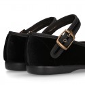 BLACK Velvet canvas Girl Mary Jane shoes with back buckle fastening.