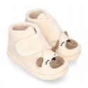 Wool knit kids Bootie home shoes with hook and loop strap and little BEAR design.