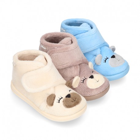 Wool knit kids Bootie home shoes with hook and loop strap and little BEAR design.