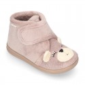 Wool knit kids Bootie home shoes with hook and loop strap and little BEAR design.