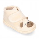 Wool knit kids Bootie home shoes with hook and loop strap and little BEAR design.