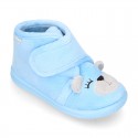 Wool knit kids Bootie home shoes with hook and loop strap and little BEAR design.