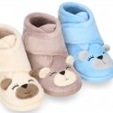 Wool knit kids Bootie home shoes with hook and loop strap and little BEAR design.