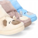 Wool knit kids Bootie home shoes with hook and loop strap and little BEAR design.