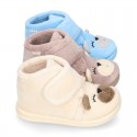 Wool knit kids Bootie home shoes with hook and loop strap and little BEAR design.