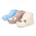 Wool knit kids Bootie home shoes with hook and loop strap and little BEAR design.