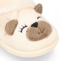 Wool knit kids Bootie home shoes with hook and loop strap and little BEAR design.