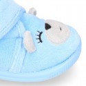 Wool knit kids Bootie home shoes with hook and loop strap and little BEAR design.