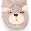 Wool knit kids Bootie home shoes with hook and loop strap and little BEAR design.