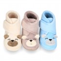 Wool knit kids Bootie home shoes with hook and loop strap and little BEAR design.