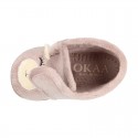 Wool knit kids Bootie home shoes with hook and loop strap and little BEAR design.