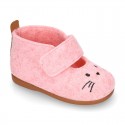 Wool felt girl bootie home shoes with hook and loop strap and little CAT design.