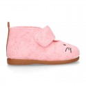 Wool felt girl bootie home shoes with hook and loop strap and little CAT design.