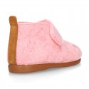 Wool felt girl bootie home shoes with hook and loop strap and little CAT design.