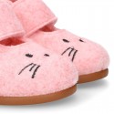 Wool felt girl bootie home shoes with hook and loop strap and little CAT design.