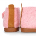 Wool felt girl bootie home shoes with hook and loop strap and little CAT design.