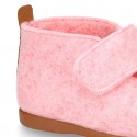 Wool felt girl bootie home shoes with hook and loop strap and little CAT design.