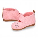 Wool felt girl bootie home shoes with hook and loop strap and little CAT design.