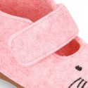 Wool felt girl bootie home shoes with hook and loop strap and little CAT design.