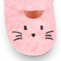Wool felt girl bootie home shoes with hook and loop strap and little CAT design.