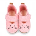 Wool felt girl bootie home shoes with hook and loop strap and little CAT design.