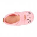 Wool felt girl bootie home shoes with hook and loop strap and little CAT design.