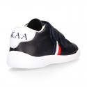 Washable leather OKAA Little kids School tennis shoes laceless and with side flag design.