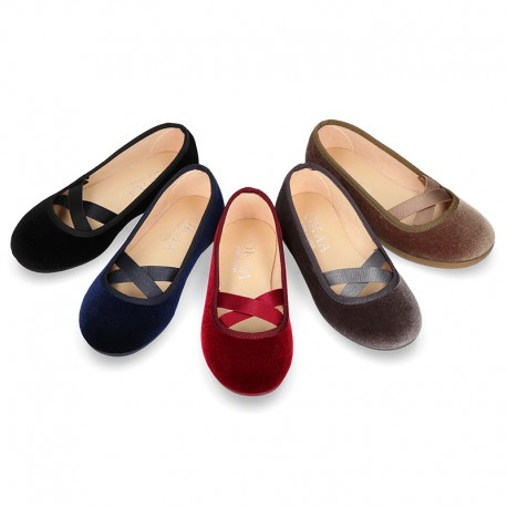 New VELVET canvas ballet flats dancer style with elastic crossed bands.