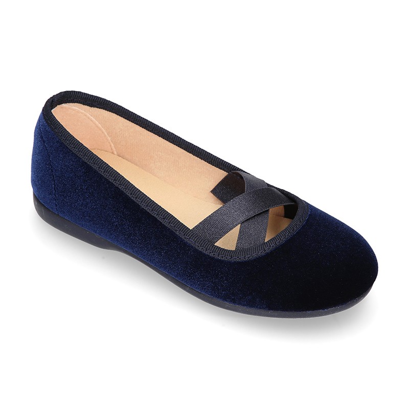 New VELVET canvas ballet flats dancer style with elastic crossed bands. TK132 OkaaSpain