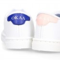 WASHABLE MICRODOT Canvas OKAA kids tennis shoes with laces.
