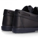 School washable leather Kids boat style shoes laceless.
