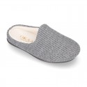 Square design wool knit kids home shoes with opened shape.