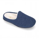 Square design wool knit kids home shoes with opened shape.