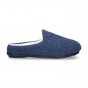 Square design wool knit kids home shoes with opened shape.