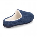 Square design wool knit kids home shoes with opened shape.