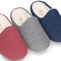 Square design wool knit kids home shoes with opened shape.