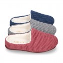 Square design wool knit kids home shoes with opened shape.